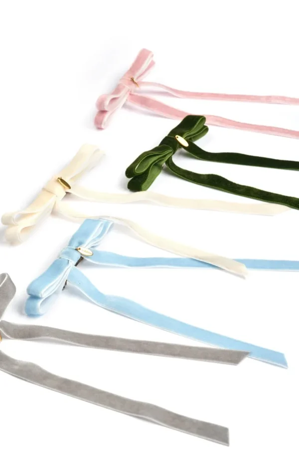 light blue, deep green, cream, light gray, pink thin velvet hair bows