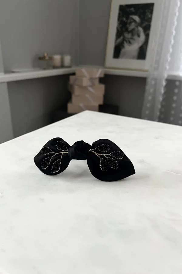 Black Silk Satin hair bow with black crystals